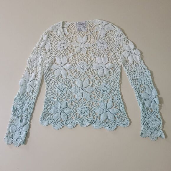 Chadwick's Floral Crochet Lace Pullover Top White Ombre Aqua - Picture 1 of 12